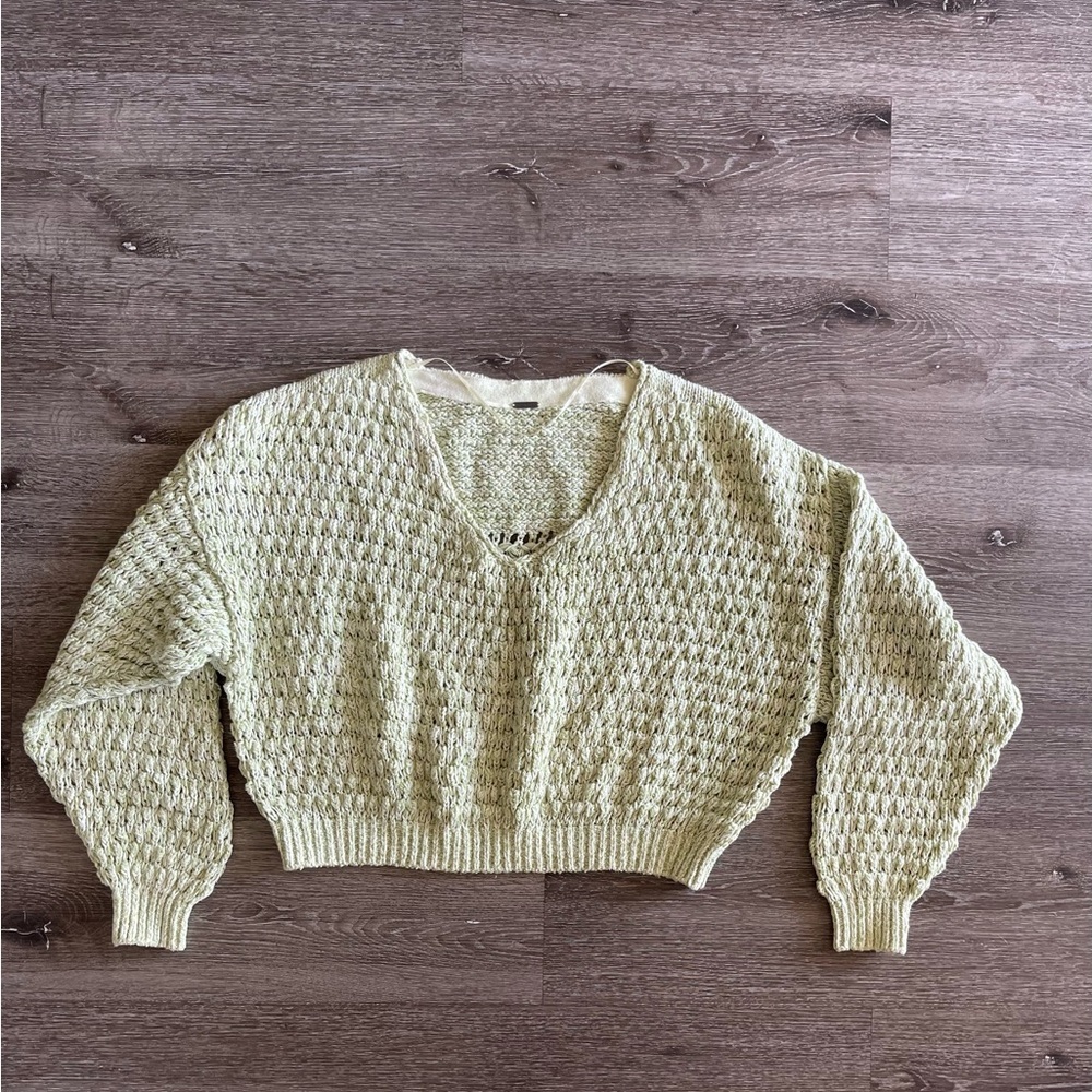 Free People Textured V-Neck Sweater in Light Green